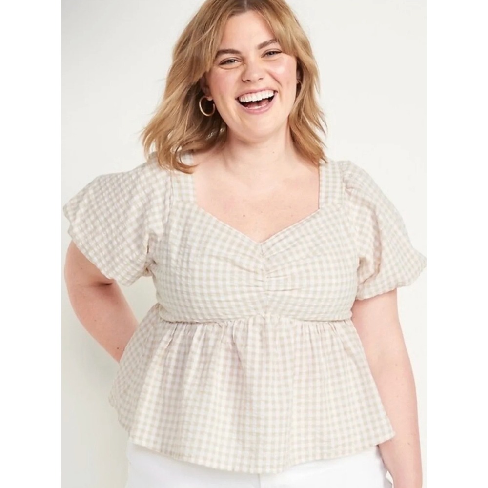 NEW Old Navy Puff-Sleeve Smocked Seersucker Babydoll Swing Blouse Size 2X